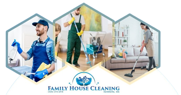 Family members engaged in house cleaning, showcasing teamwork and a tidy home environment.